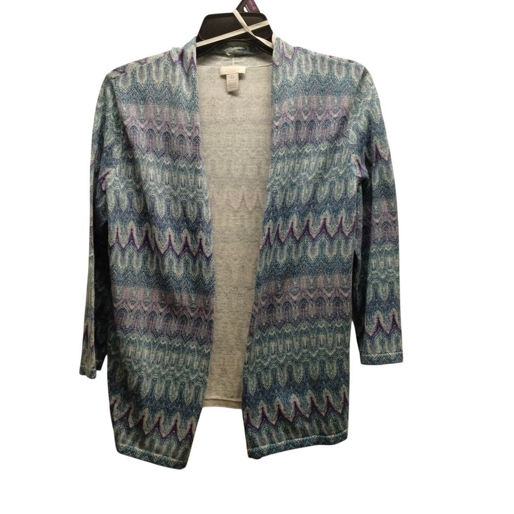 Chico's Size Small (0) Blue Purple Metallic Thread Geometric Open Front Cardigan